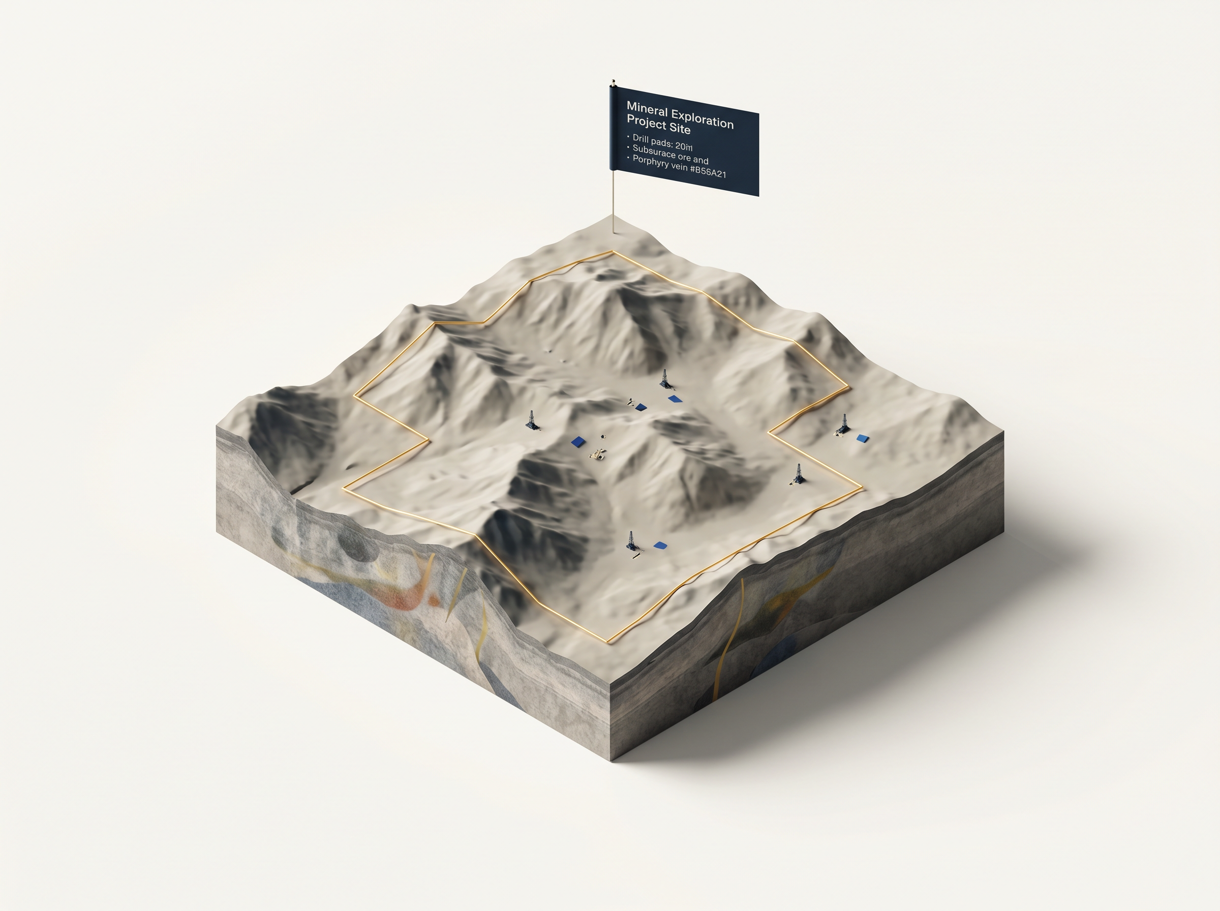 Isometric model of a Mundoro copper-gold exploration licence with a gold property boundary and drill pads