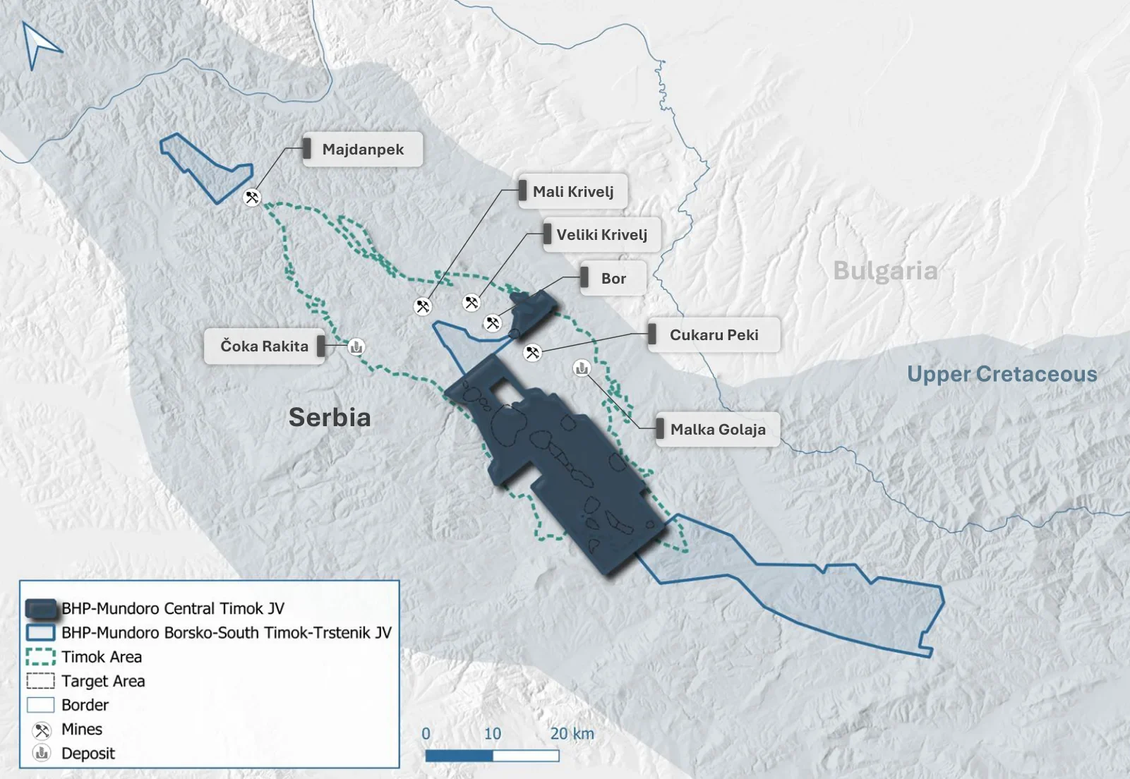 Map of the BHP-Mundoro Central Timok JV licences in the Timok area of eastern Serbia, near Bor and Majdanpek