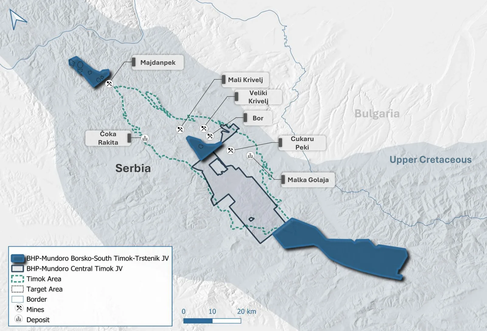 Map of the BHP-Mundoro Borsko, South Timok and Trstenik licences in the Timok area of eastern Serbia