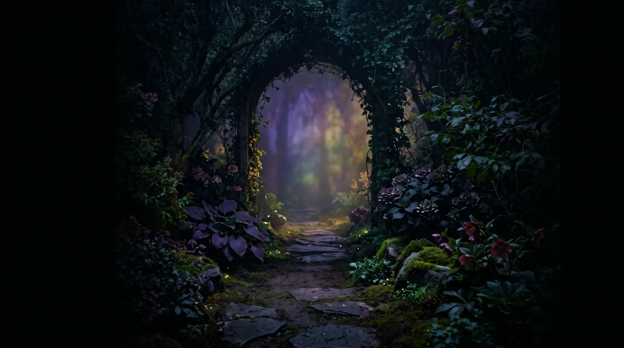 A dark garden path opening toward prismatic light