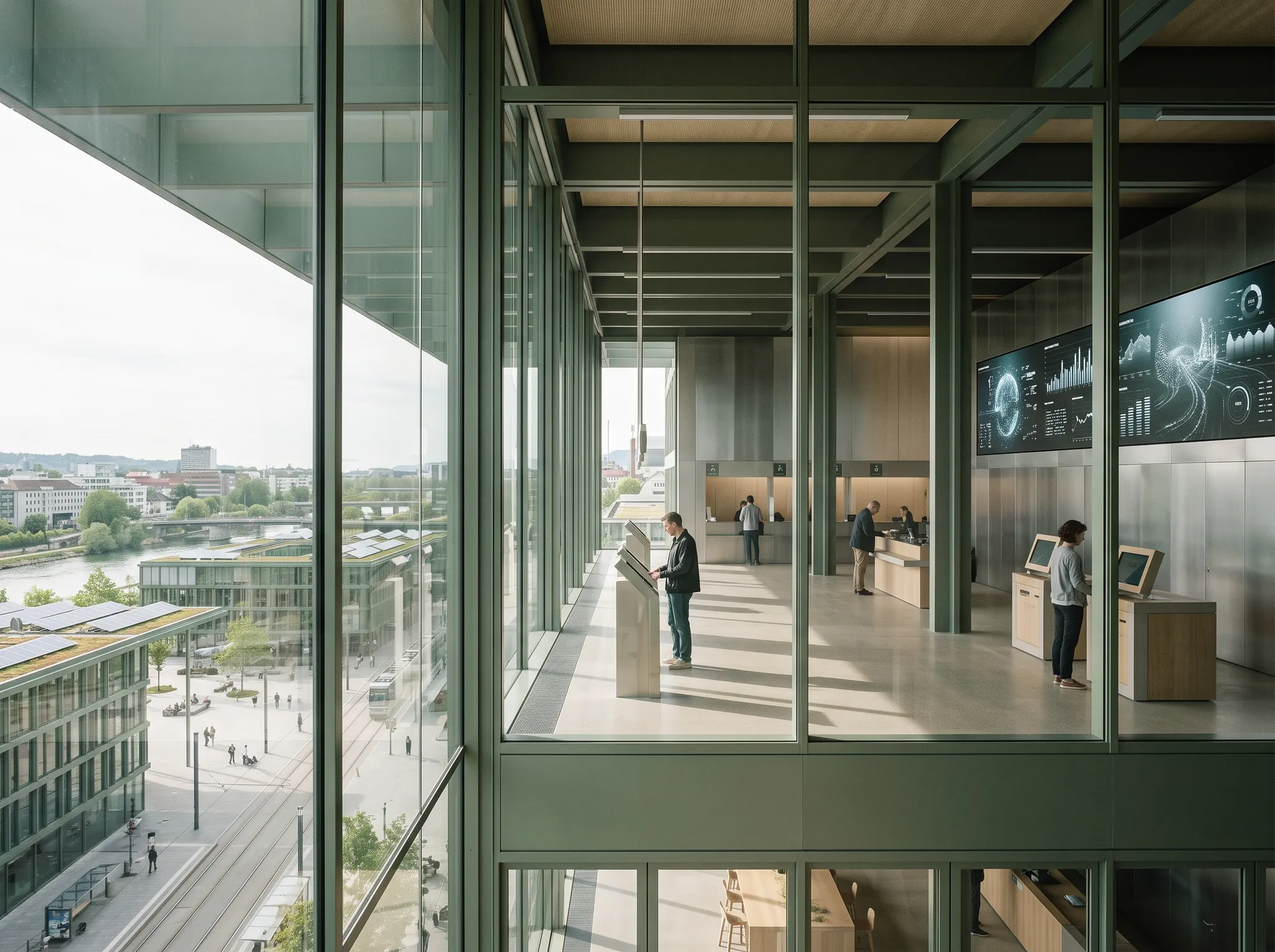 Modern civic service environment connected to urban infrastructure