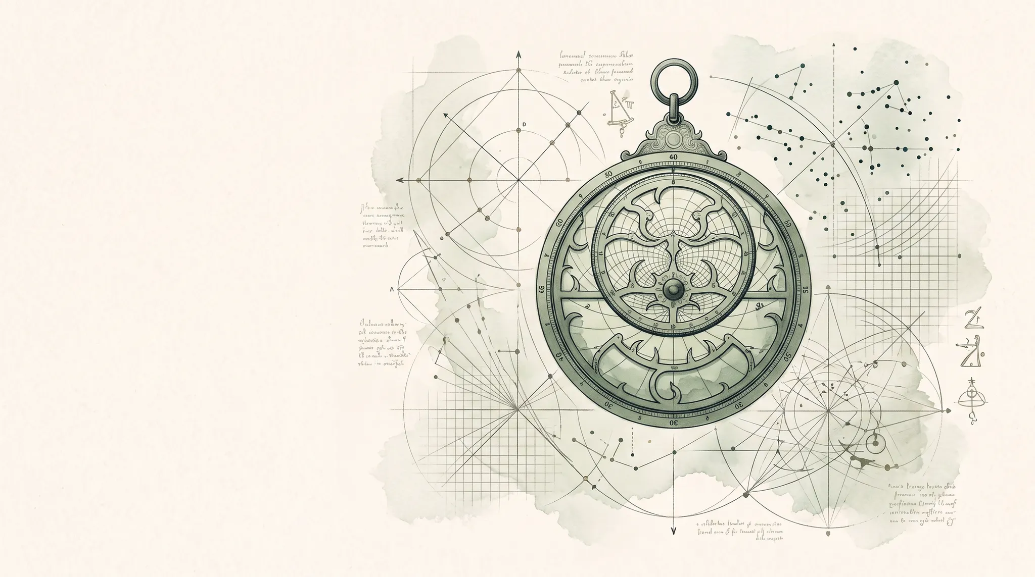 Editorial illustration of an astrolabe, geometric constructions, and astronomical diagrams inspired by Islamic mathematical history