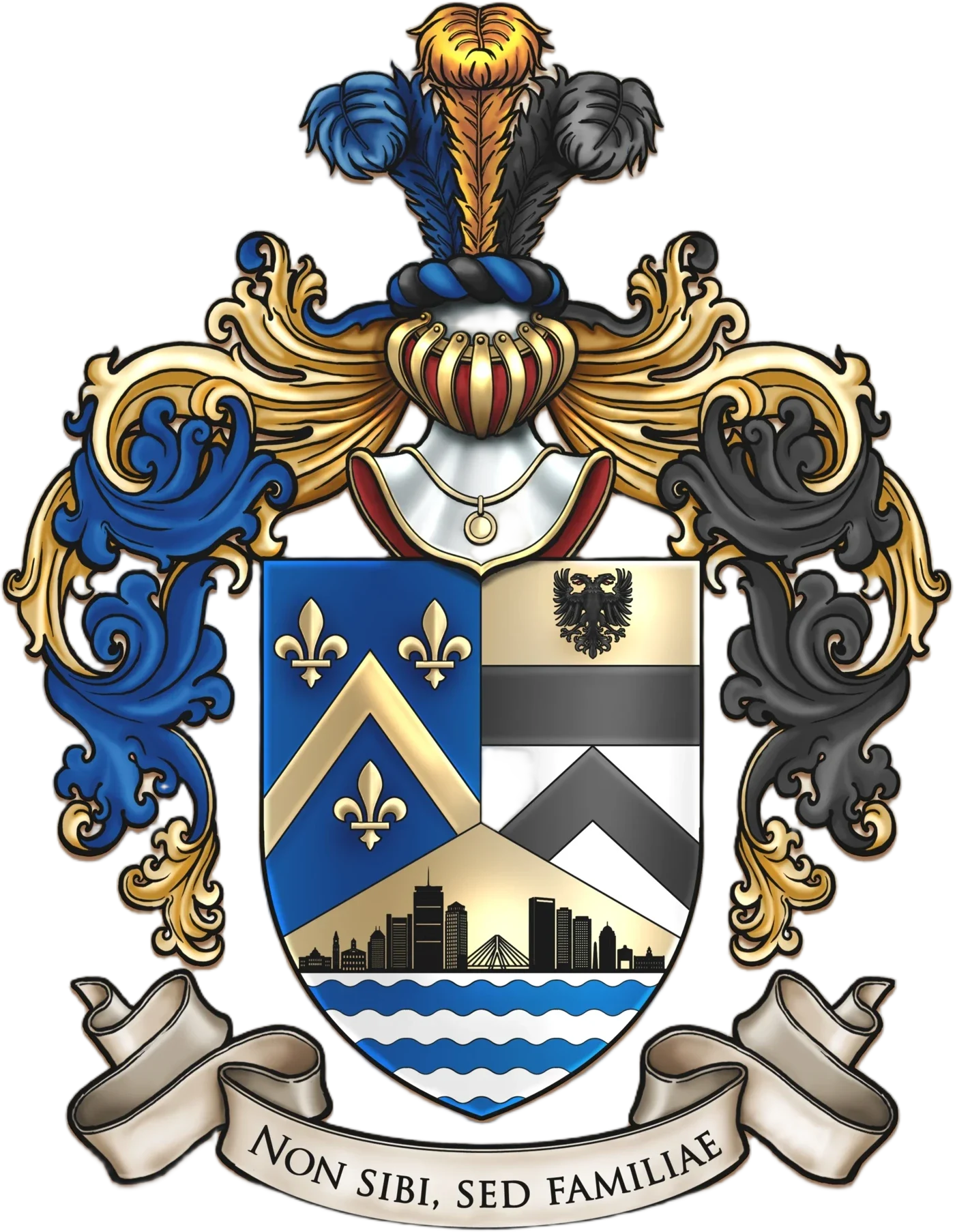 The Bergeron family coat of arms, with the motto Non sibi, sed familiae