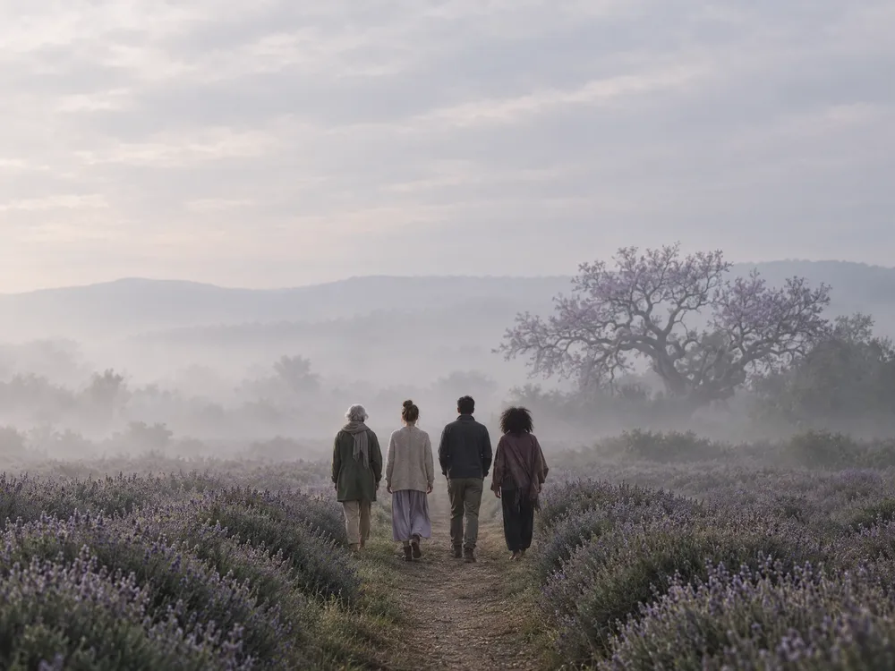 Four people walking a path through misty lavender fields