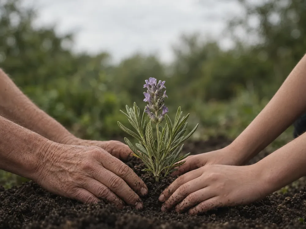 Two generations of hands planting a lavender seedling