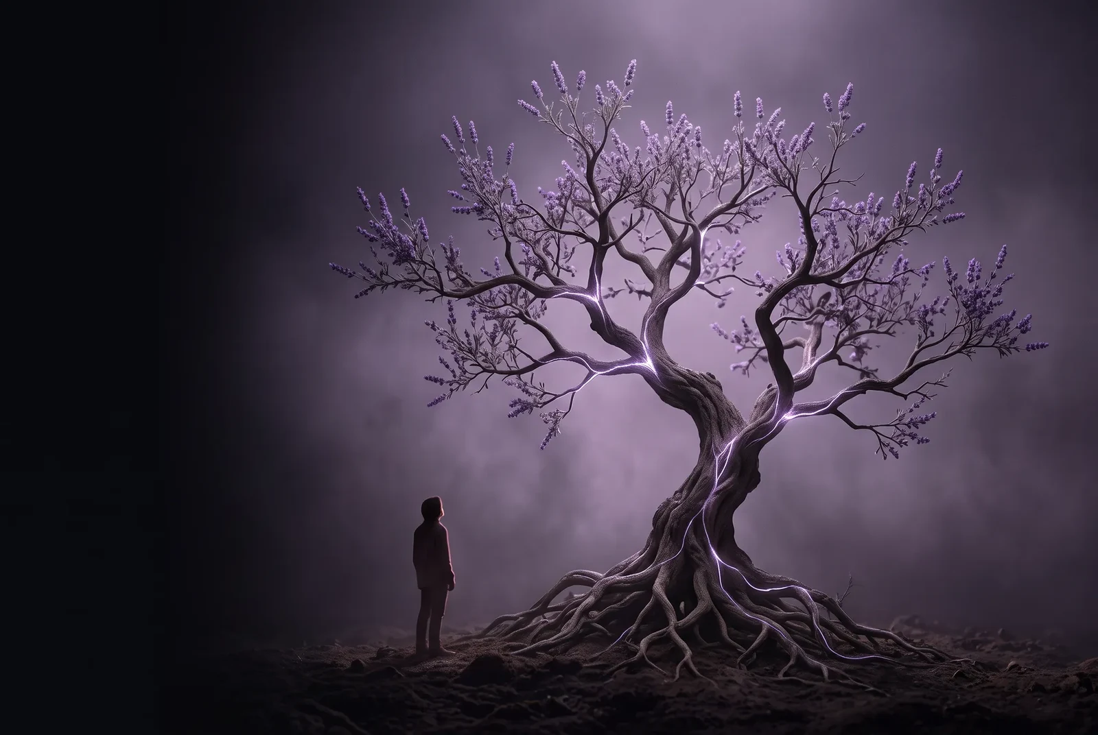 Person beside glowing lavender tree