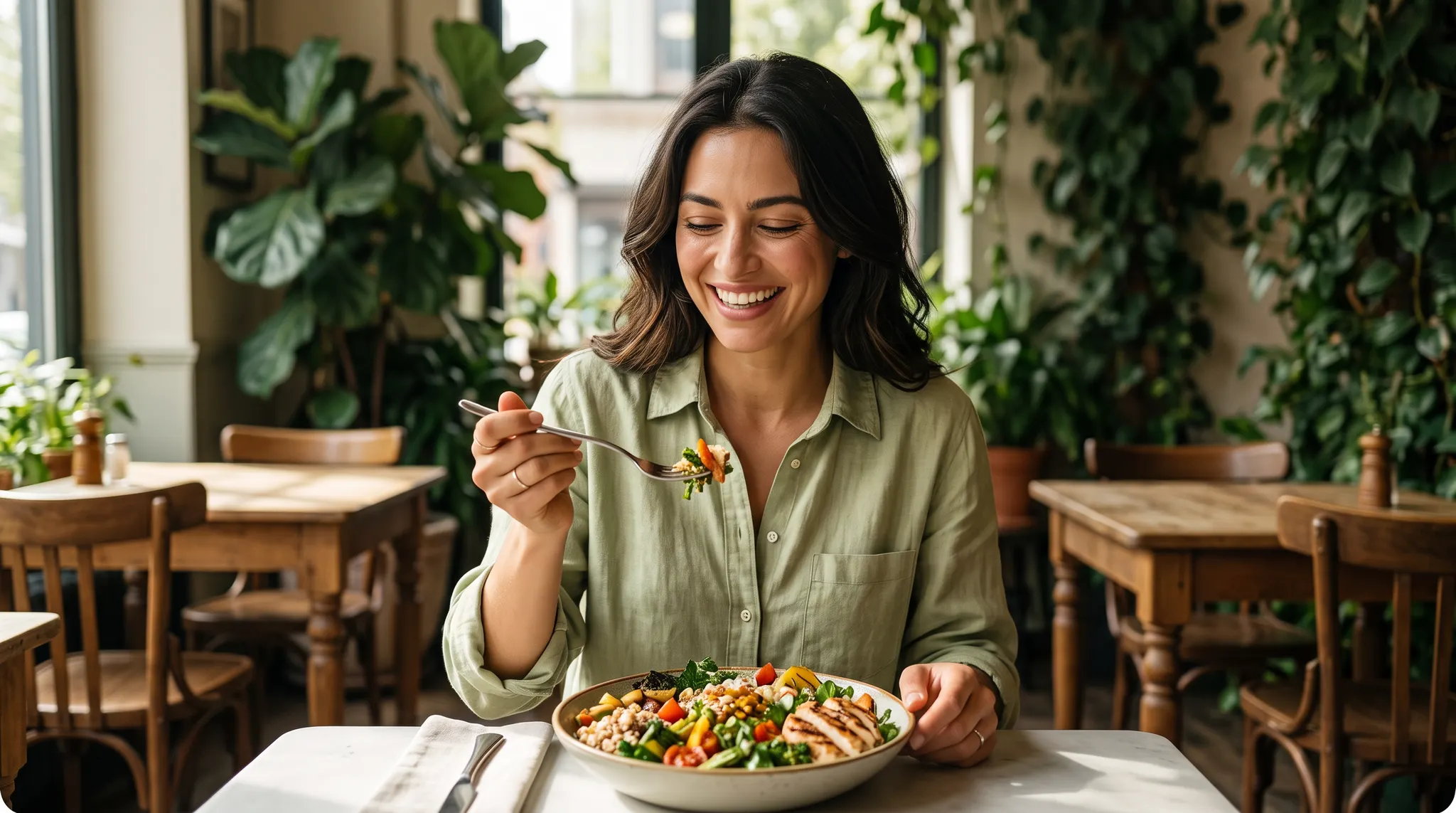 Woman enjoying a meal at a restaurant