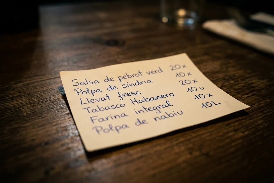 Fotografia enviada per WhatsApp d’una comanda manuscrita en un bloc de notes sobre una taula