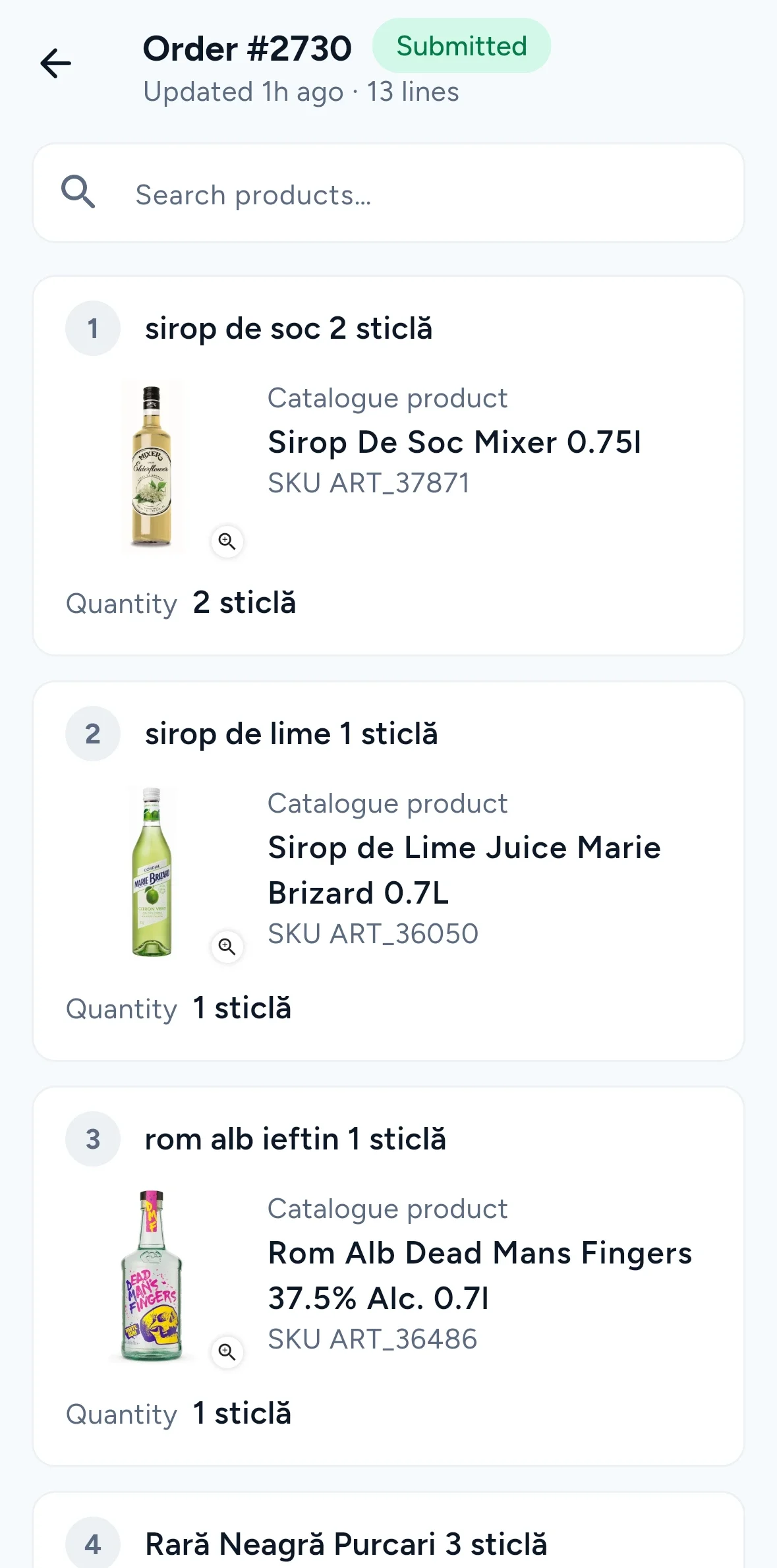 Katalogprodukte, SKUs und Mengen der Bestellung #2730.
