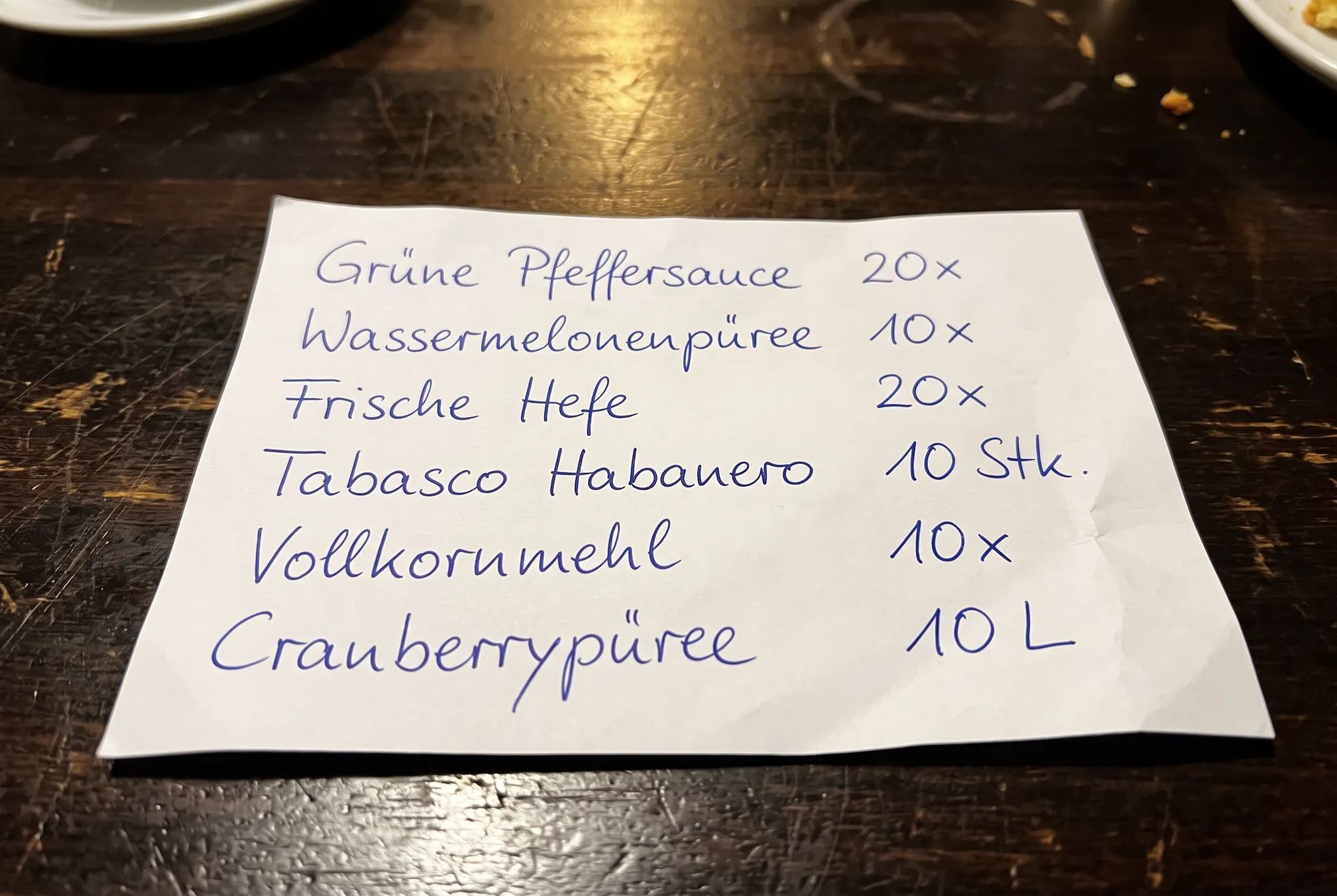 Handgeschriebene Restaurantbestellung über WhatsApp