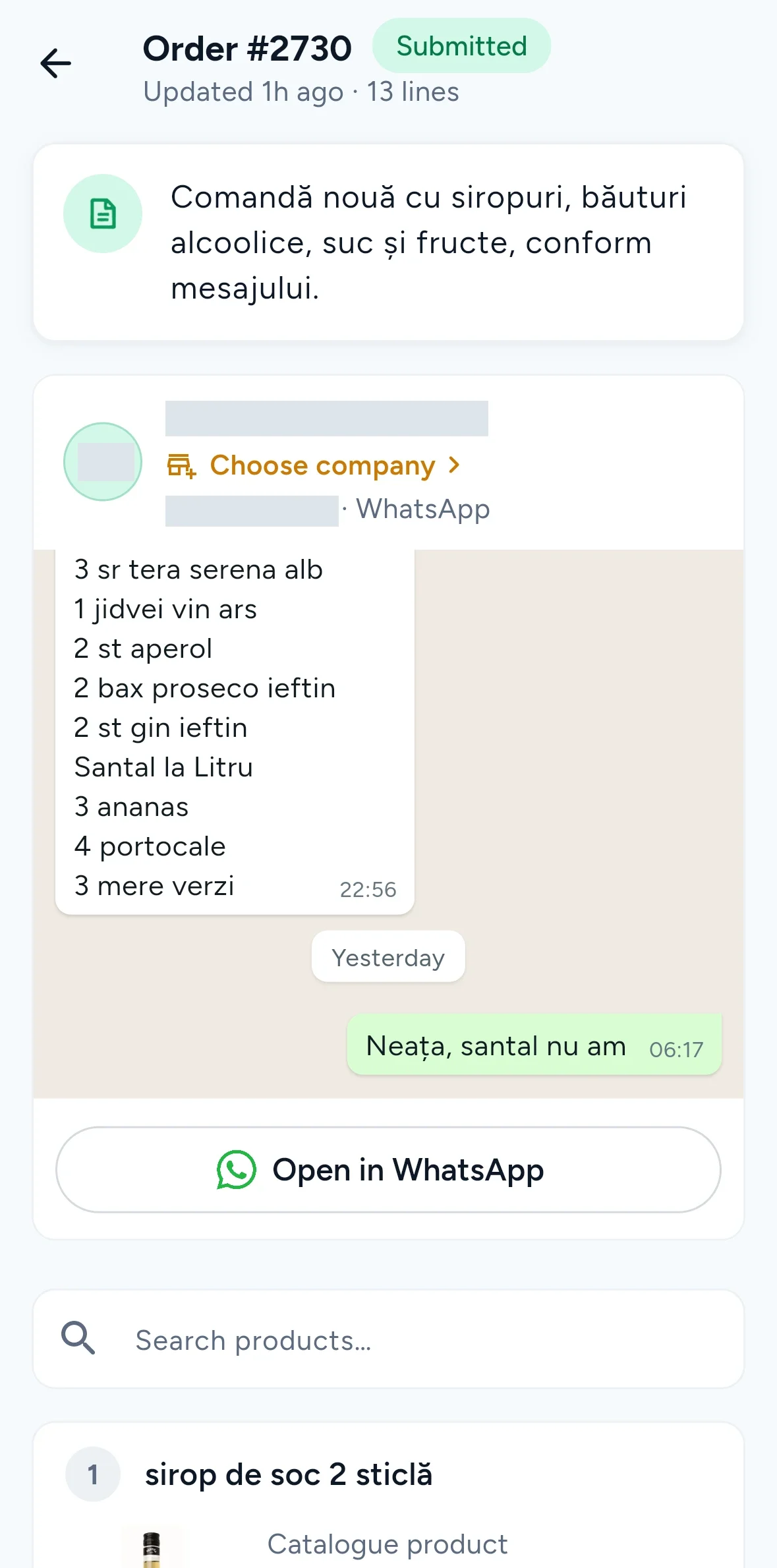 Originale WhatsApp-Nachricht der Bestellung #2730 mit verdeckten Kontaktdaten.