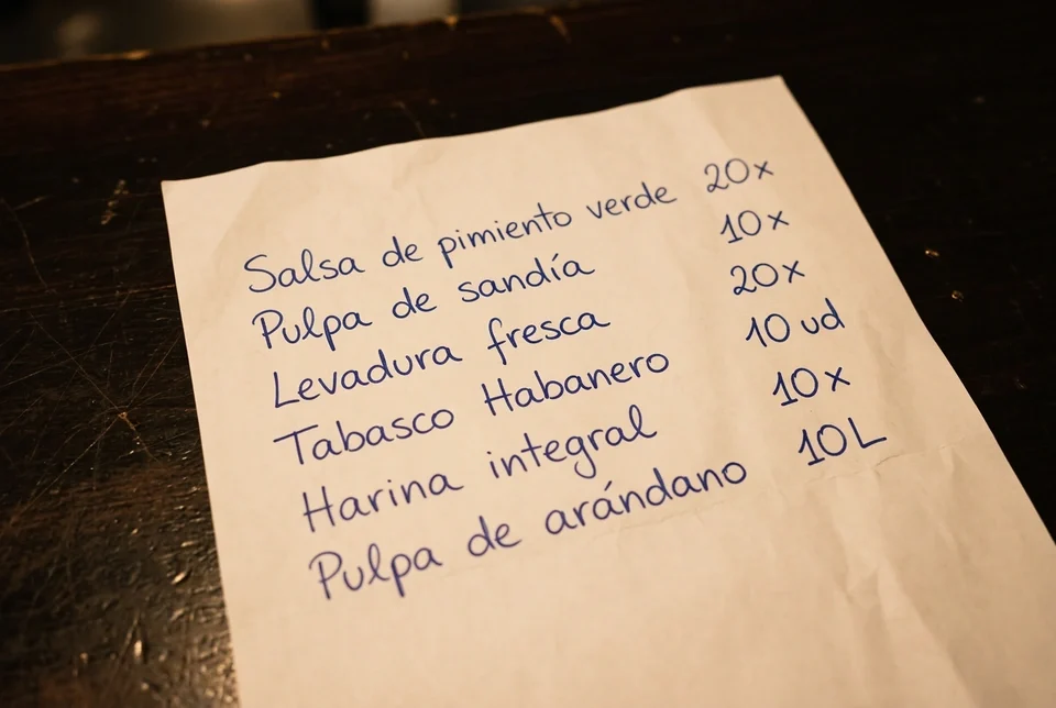 Fotografía de una nota manuscrita con un pedido de seis productos y sus cantidades, enviada por WhatsApp a las 23:47
