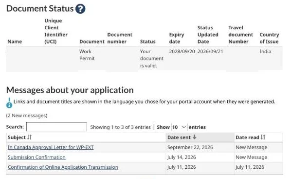 IRCC portal showing the work permit approved and valid until 2028