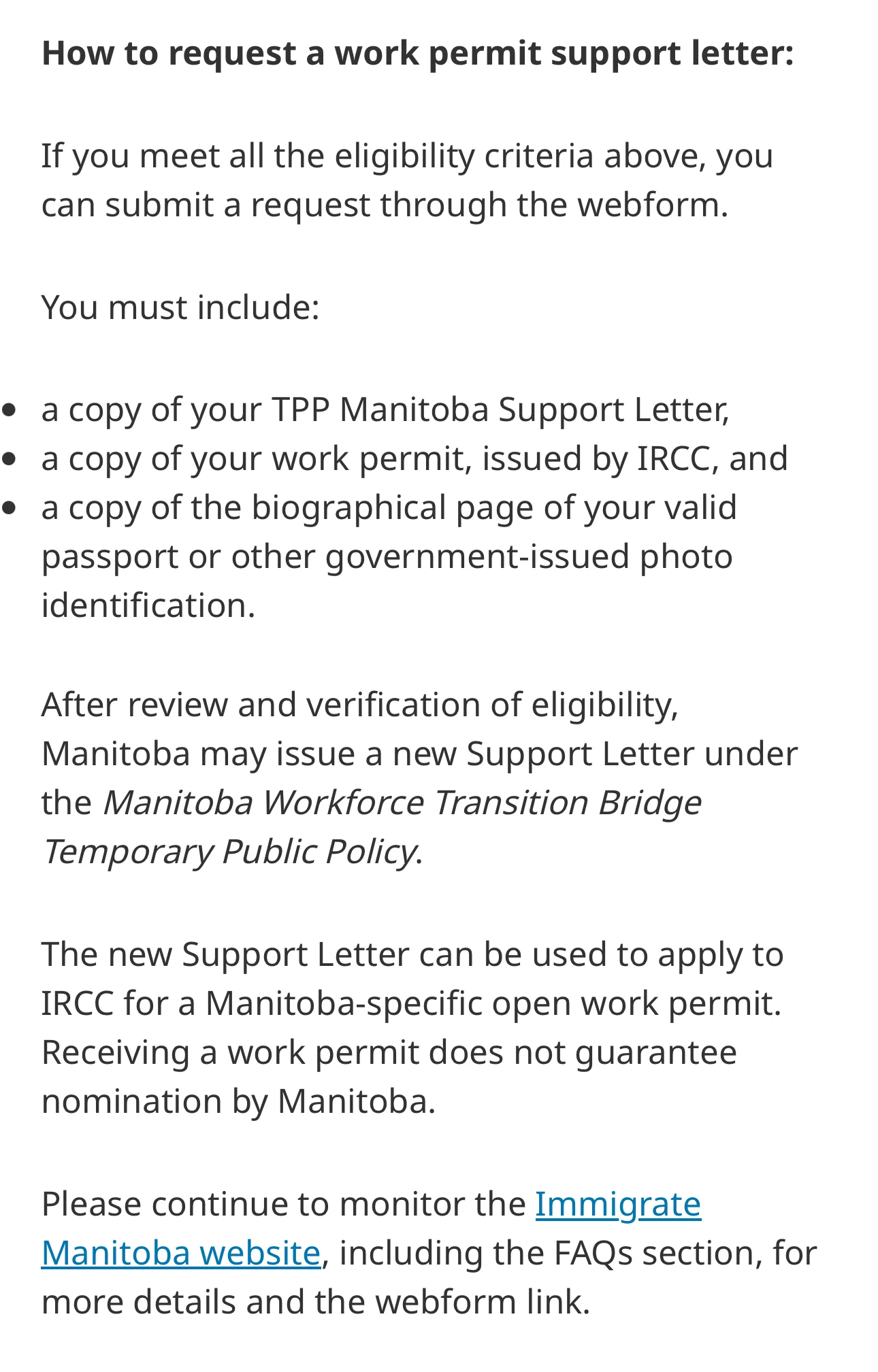 Official instructions for requesting a Manitoba work permit support letter