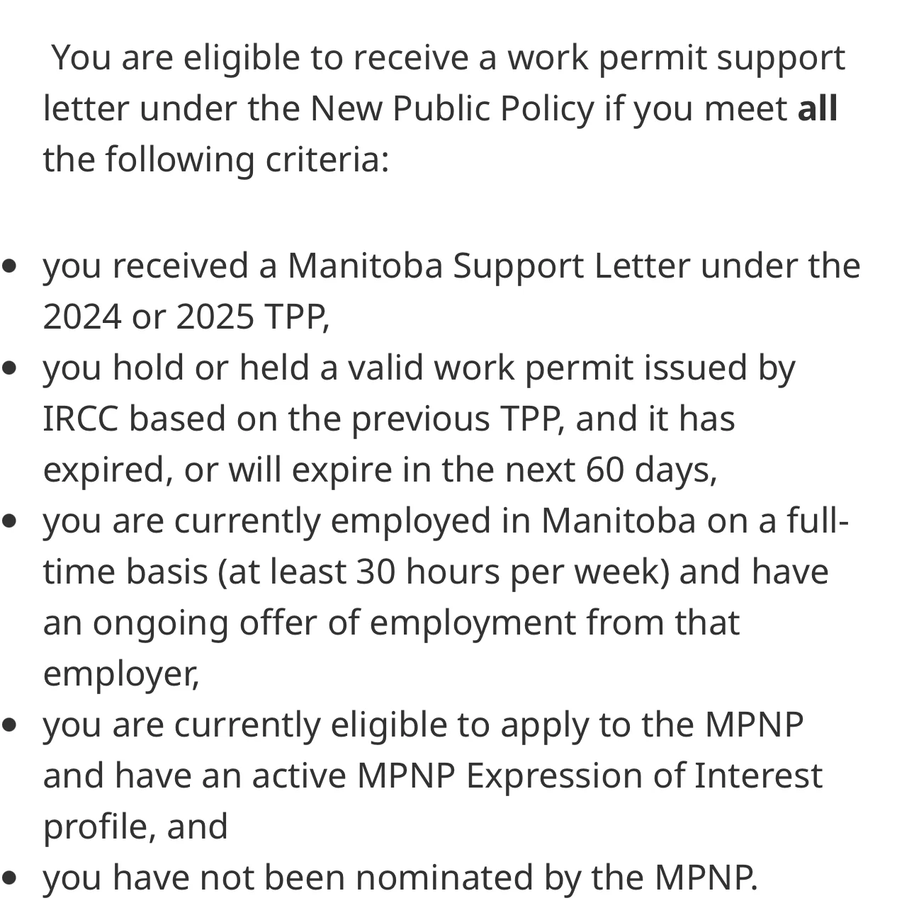 Official eligibility criteria for the Manitoba Workforce Transition Bridge policy