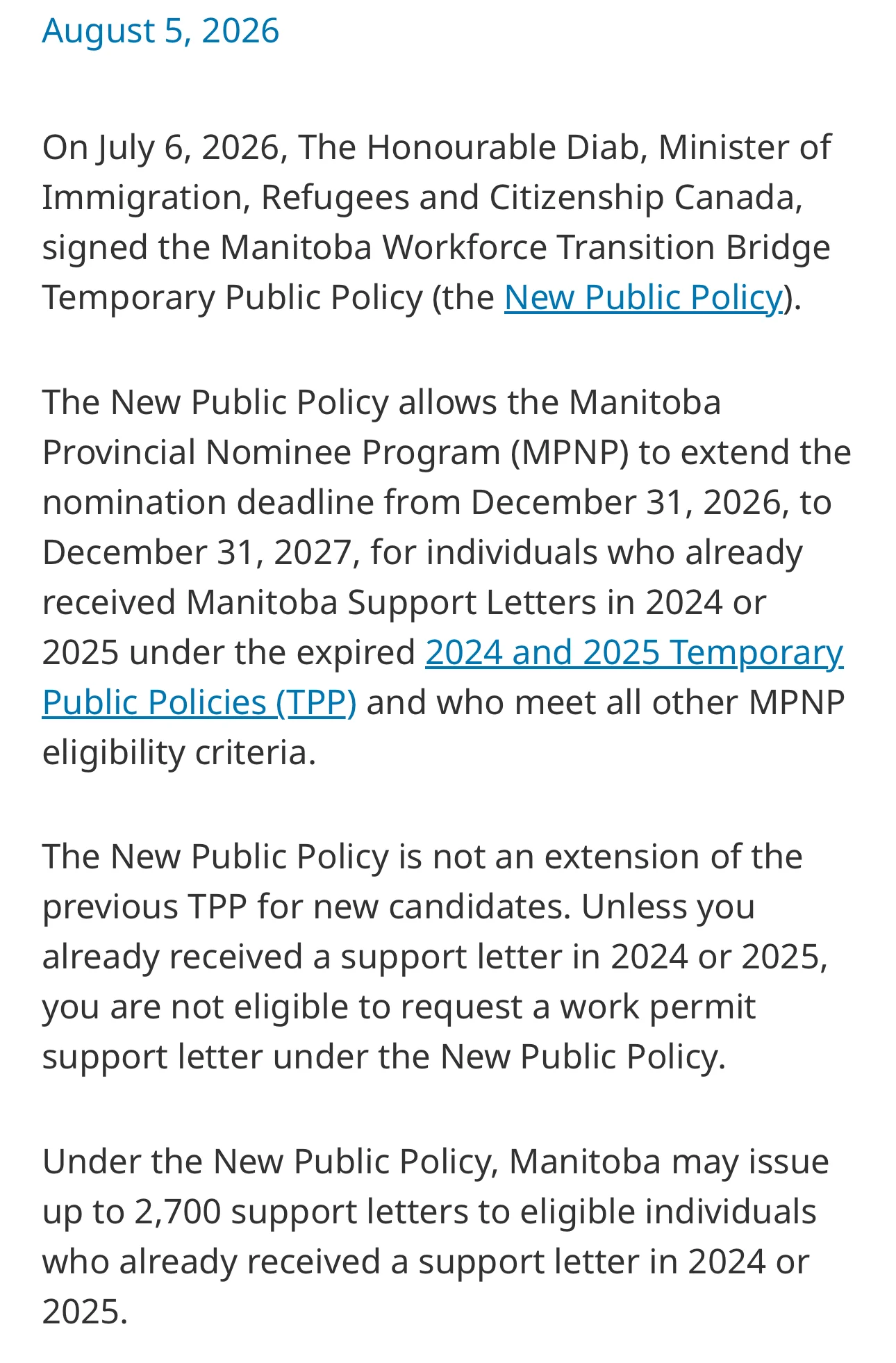 Official Manitoba announcement about the Workforce Transition Bridge Temporary Public Policy