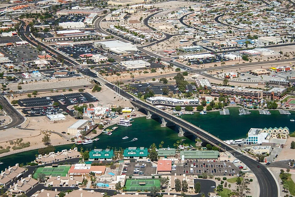 Lake Havasu City waterfront and London Bridge from above