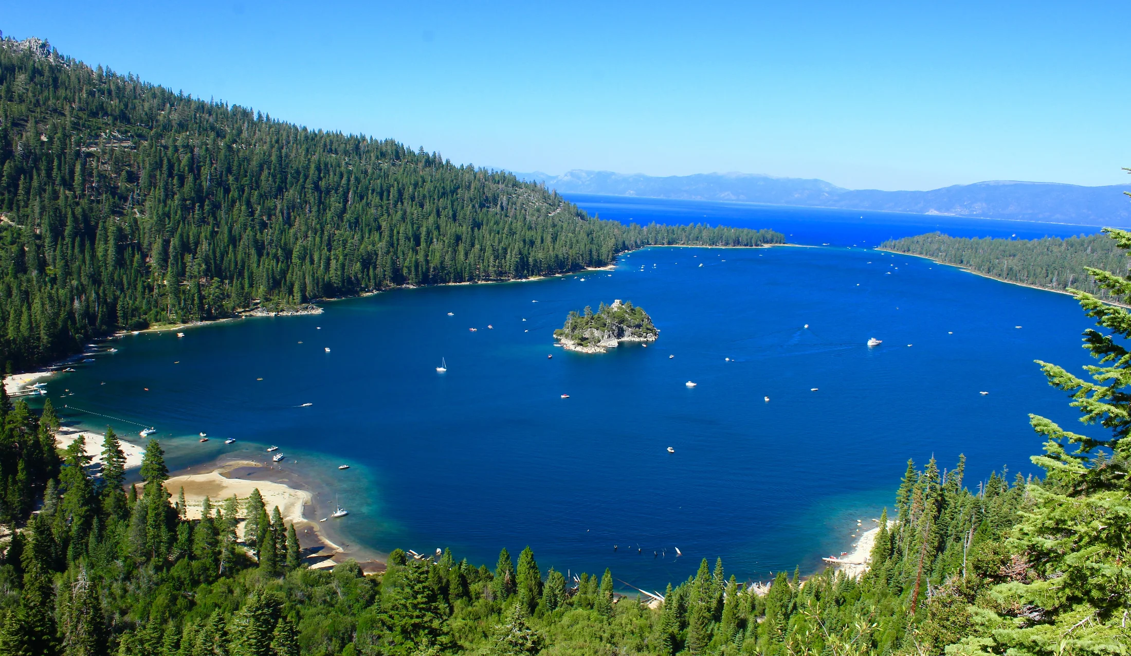 Emerald Bay and Fannette Island on Lake Tahoe in summer