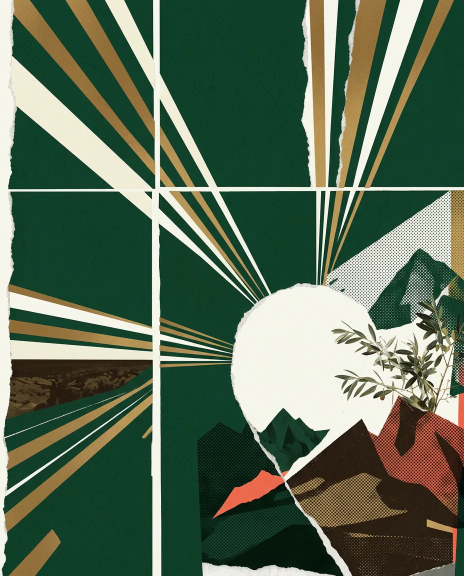Mountain and botanical collage with converging roots and pathways