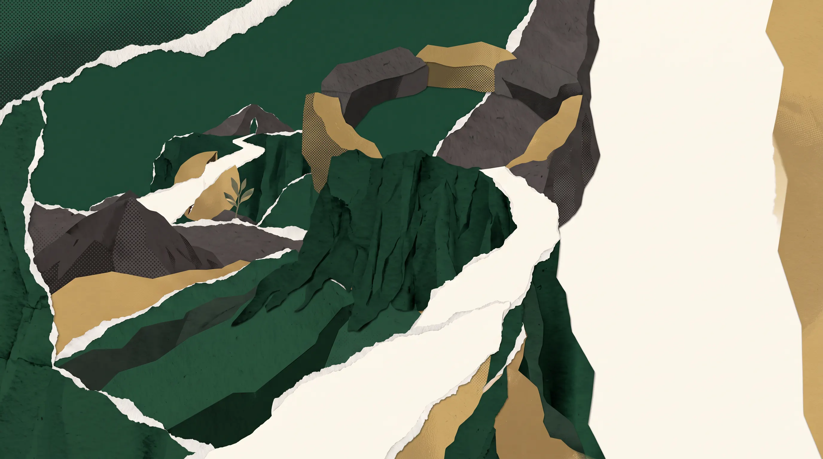 An epic tactile paper landscape with embossed gold, a monumental rooted ridge, circular strategy clearing, and layered mountain horizon