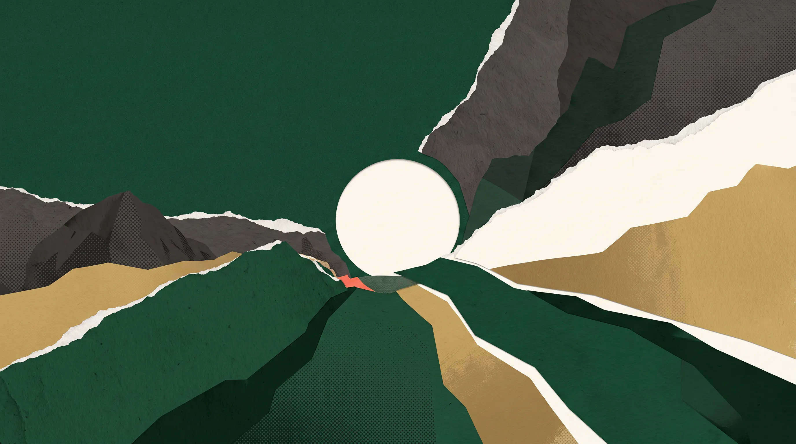 Three broad tactile paper landforms converging around a calm circular clearing and continuing as one powerful river
