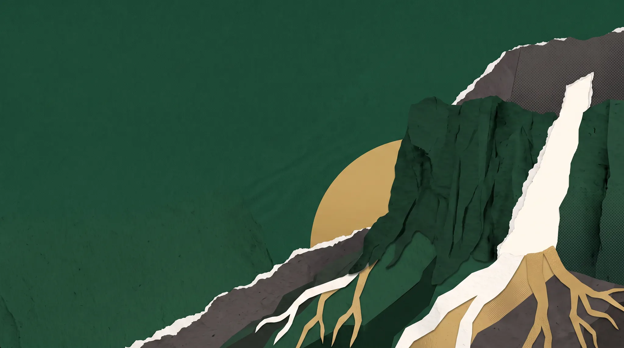 A tactile torn-paper collage of a monumental rooted ridge opening toward the light