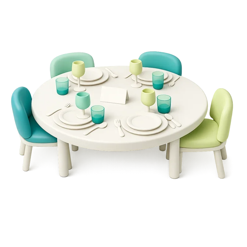A dinner table set for guests, with an open chair