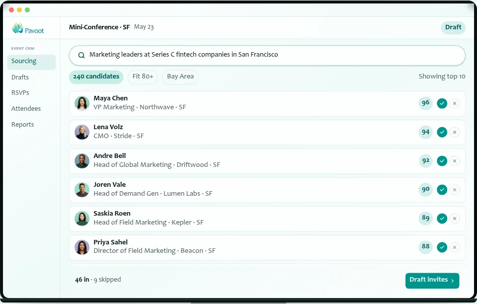 Attendee sourcing product demo with sample contacts