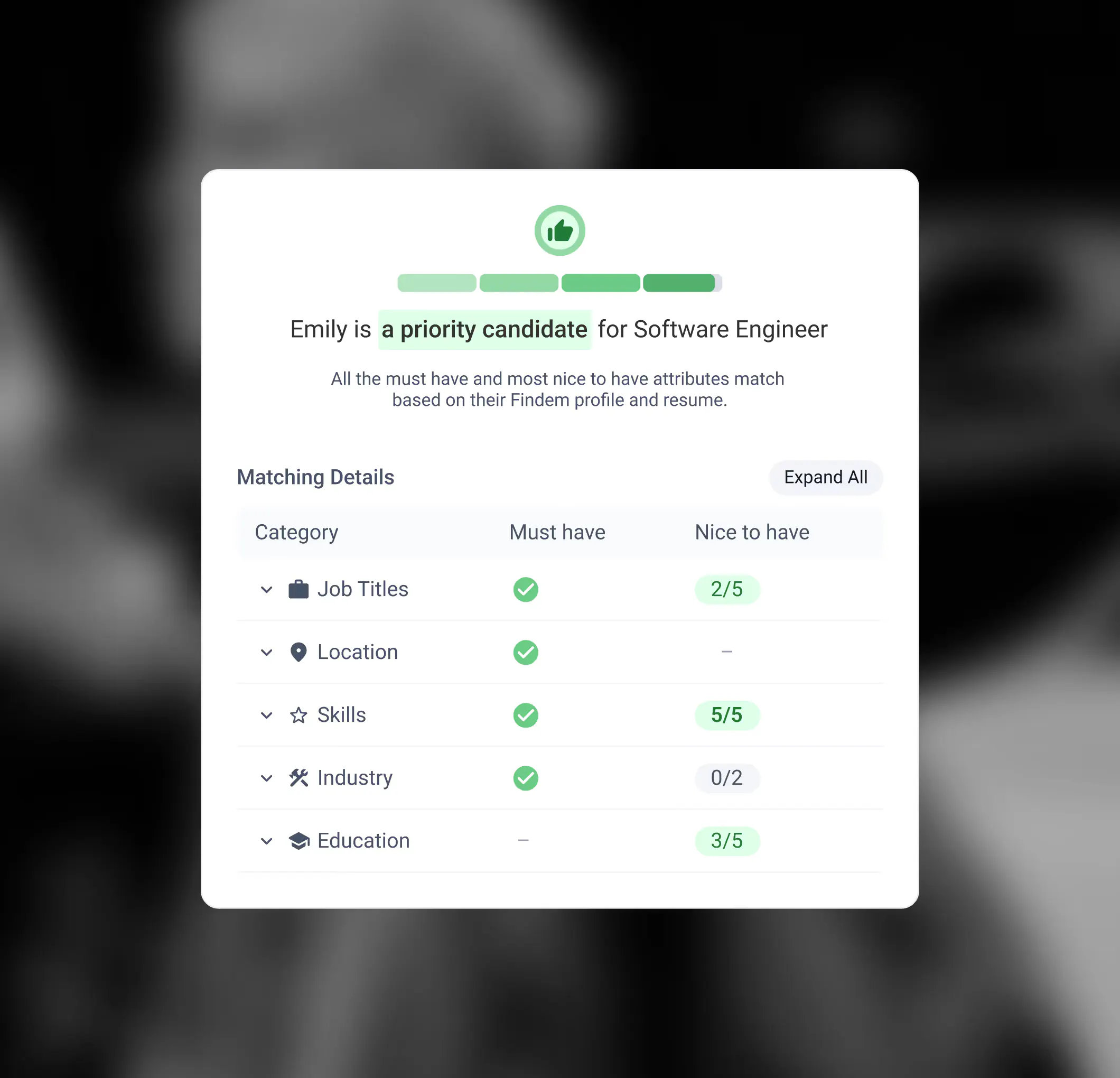 Applicant review summary showing Emily as a priority candidate for Software Engineer with matching details in job titles, location, skills, industry, and education categories.