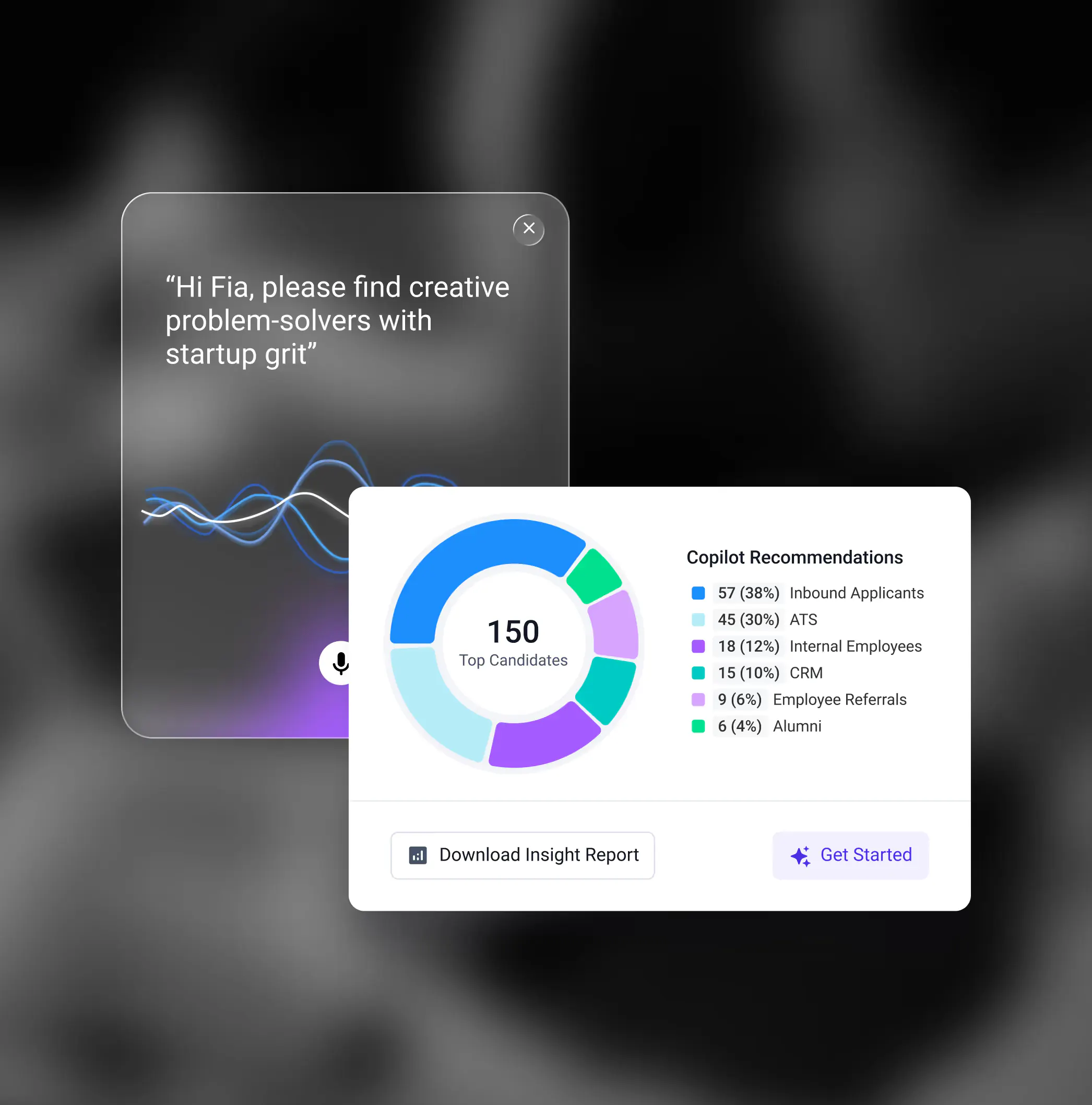 Voice command interface requesting creative problem-solvers with startup grit and a donut chart showing 150 top candidates divided by source: inbound applicants, ATS, internal employees, CRM, employee referrals, and alumni.