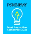 Fast Company 2026 Most Innovative Companies award badge with light bulb icon on blue background.