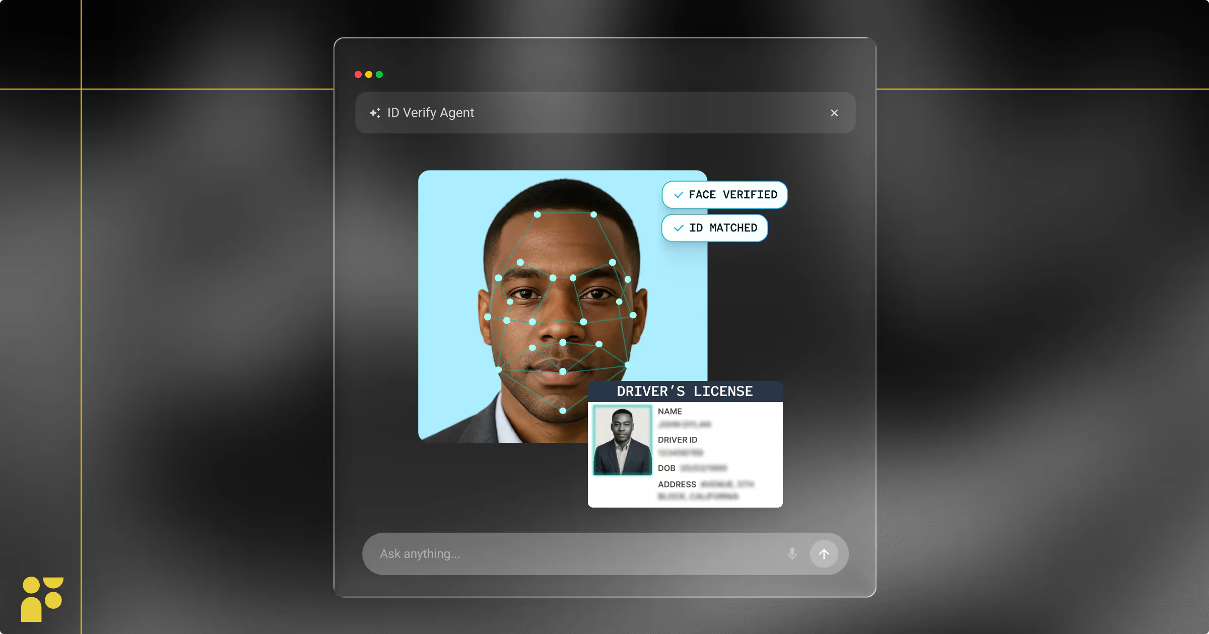 Digital ID verification interface showing facial recognition matching a driver's license photo.