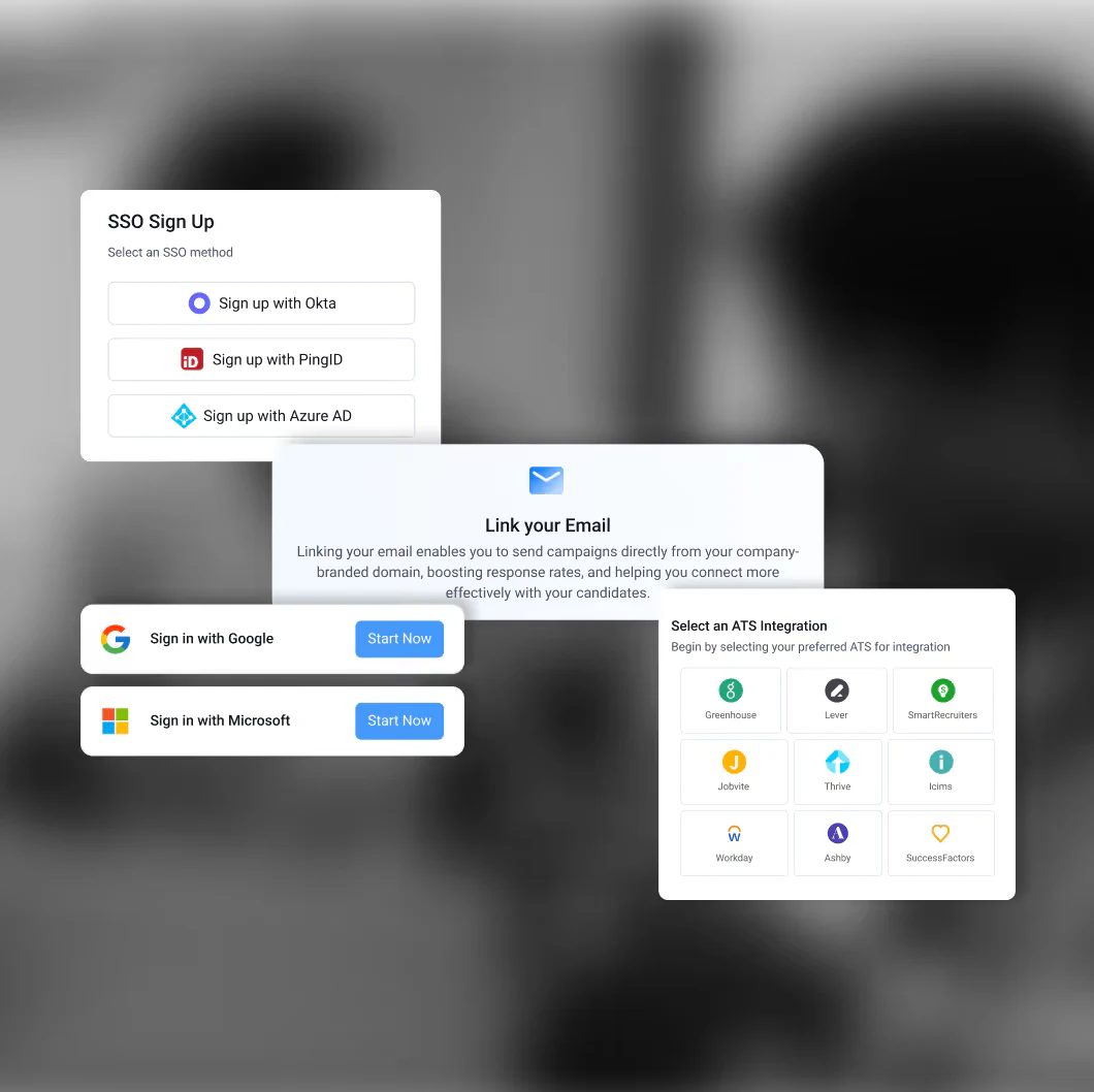 User interface with SSO sign-up options including Okta, PingID, and Azure AD; email linking information; sign-in buttons for Google and Microsoft; and ATS integration selection with platforms like Greenhouse, Lever, and SmartRecruiters.