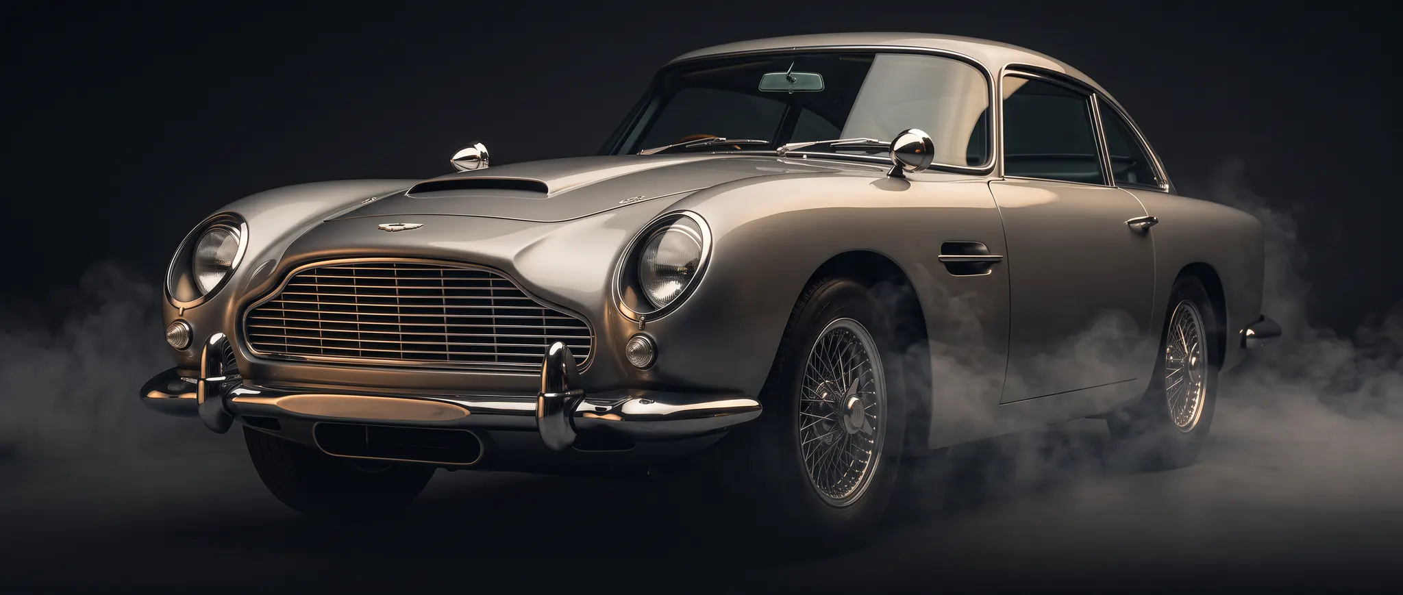 Silver classic Aston Martin in a dark studio