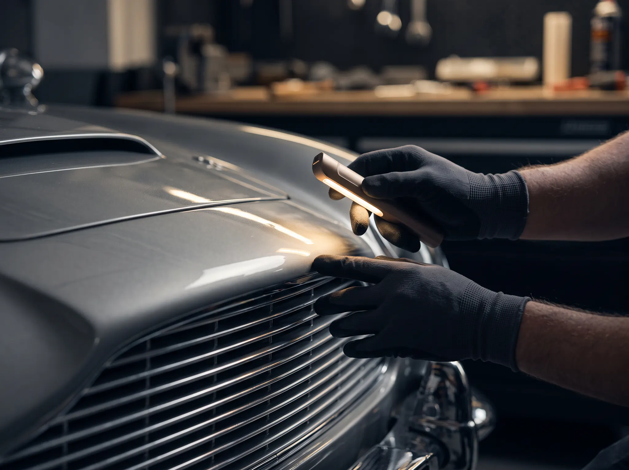 Specialist inspecting the finish of a classic Aston Martin