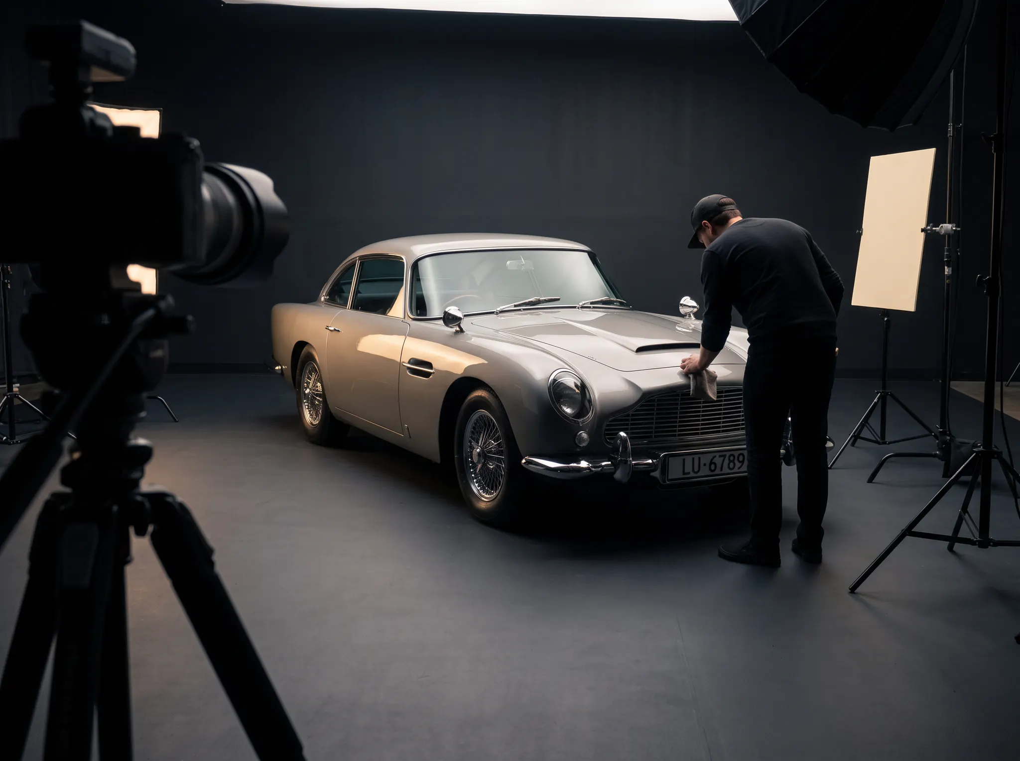 Classic Aston Martin being prepared for listing photography