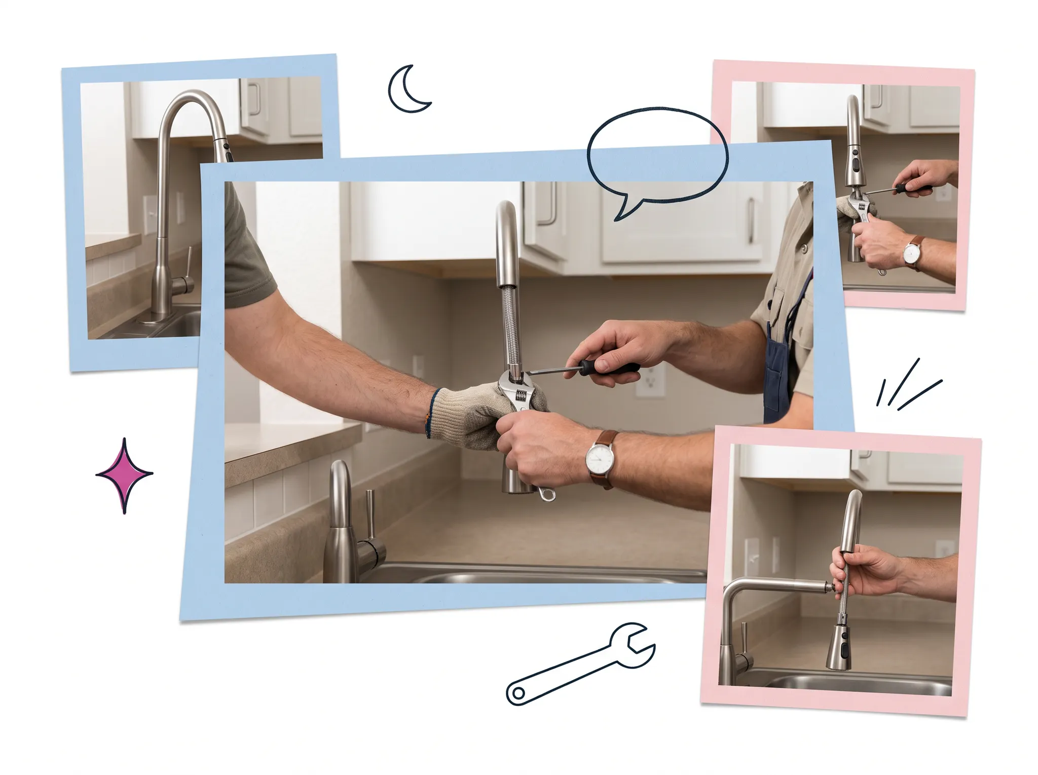 A maintenance technician repairing a rental kitchen faucet
