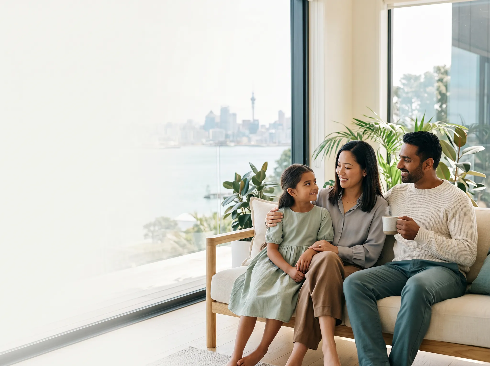 A family together in a bright New Zealand home