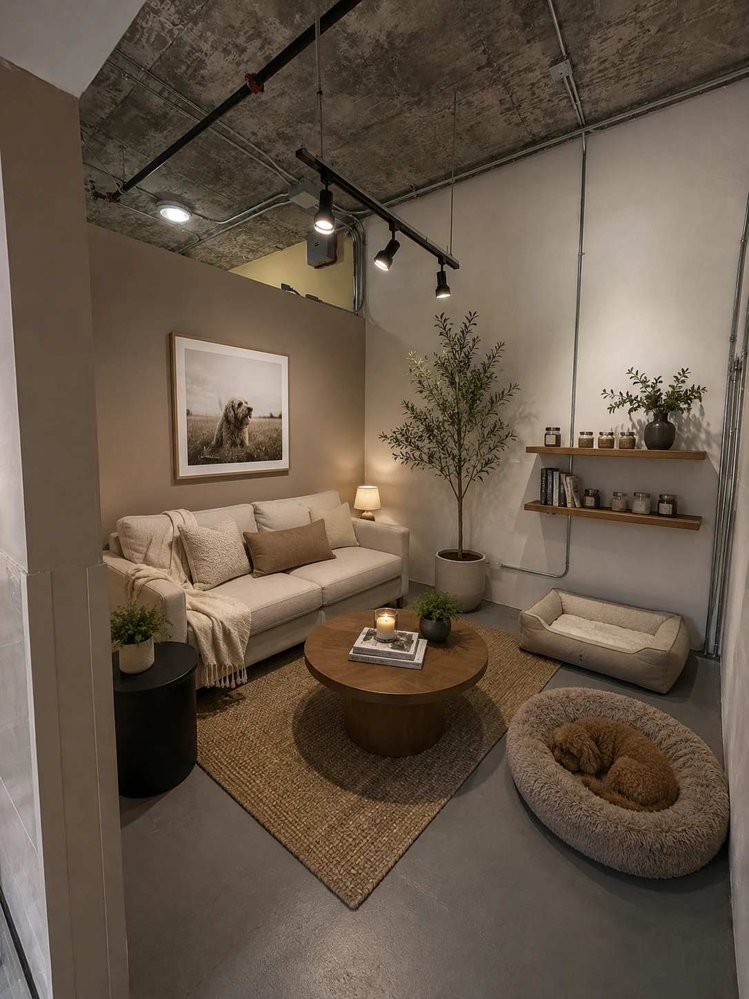 Illustrative Snout suite concept arranged as a warm consultation space with seating, pet beds, shelving, and a small table