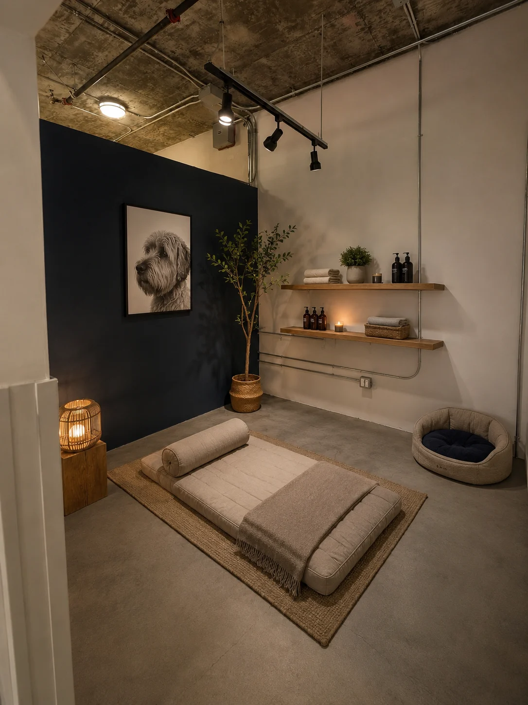 Illustrative Snout suite concept arranged for canine massage and bodywork with a floor cushion, towels, shelving, and a dog bed