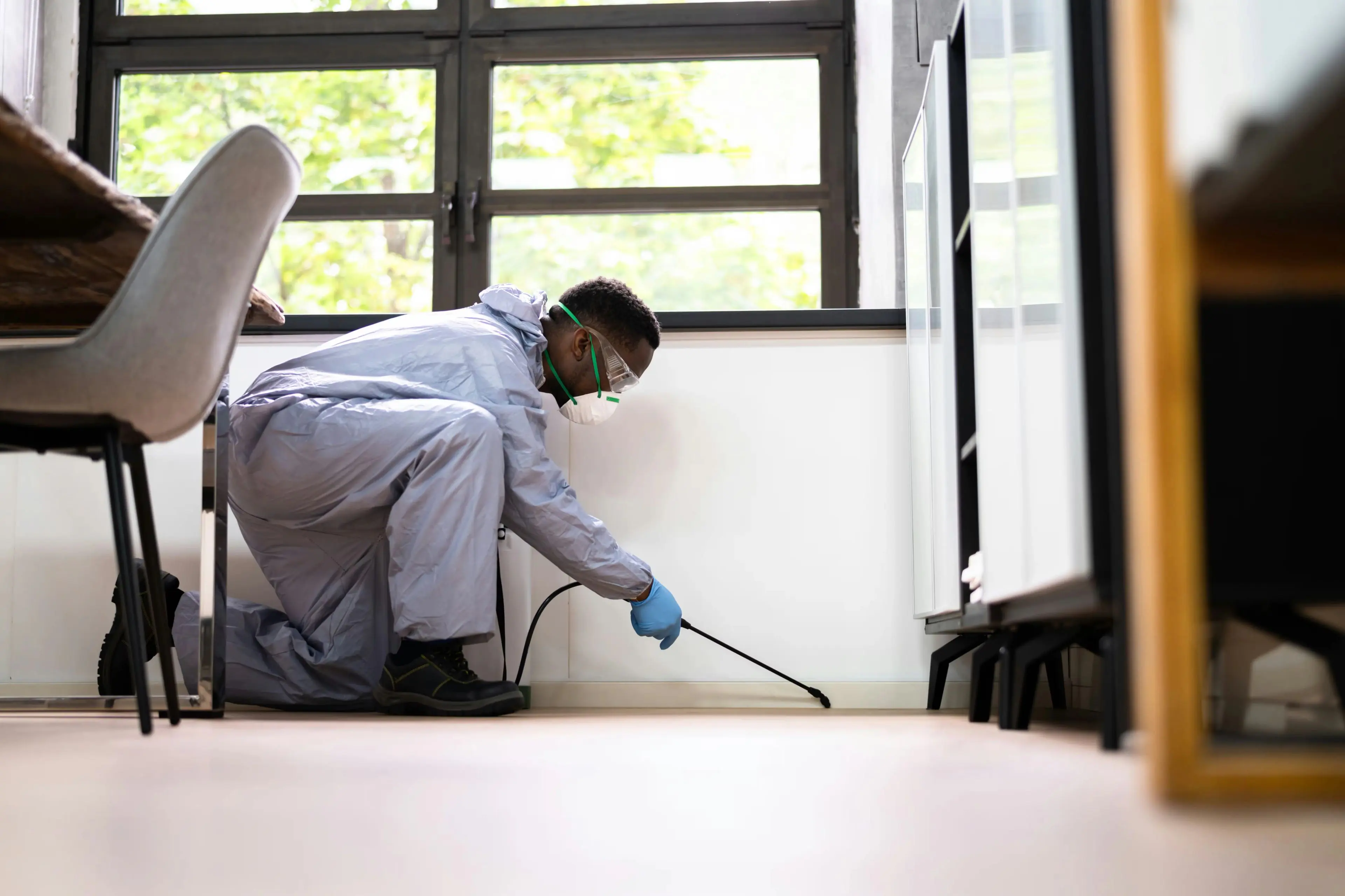 Pest control technician in protective gear spraying insecticide along an indoor baseboard