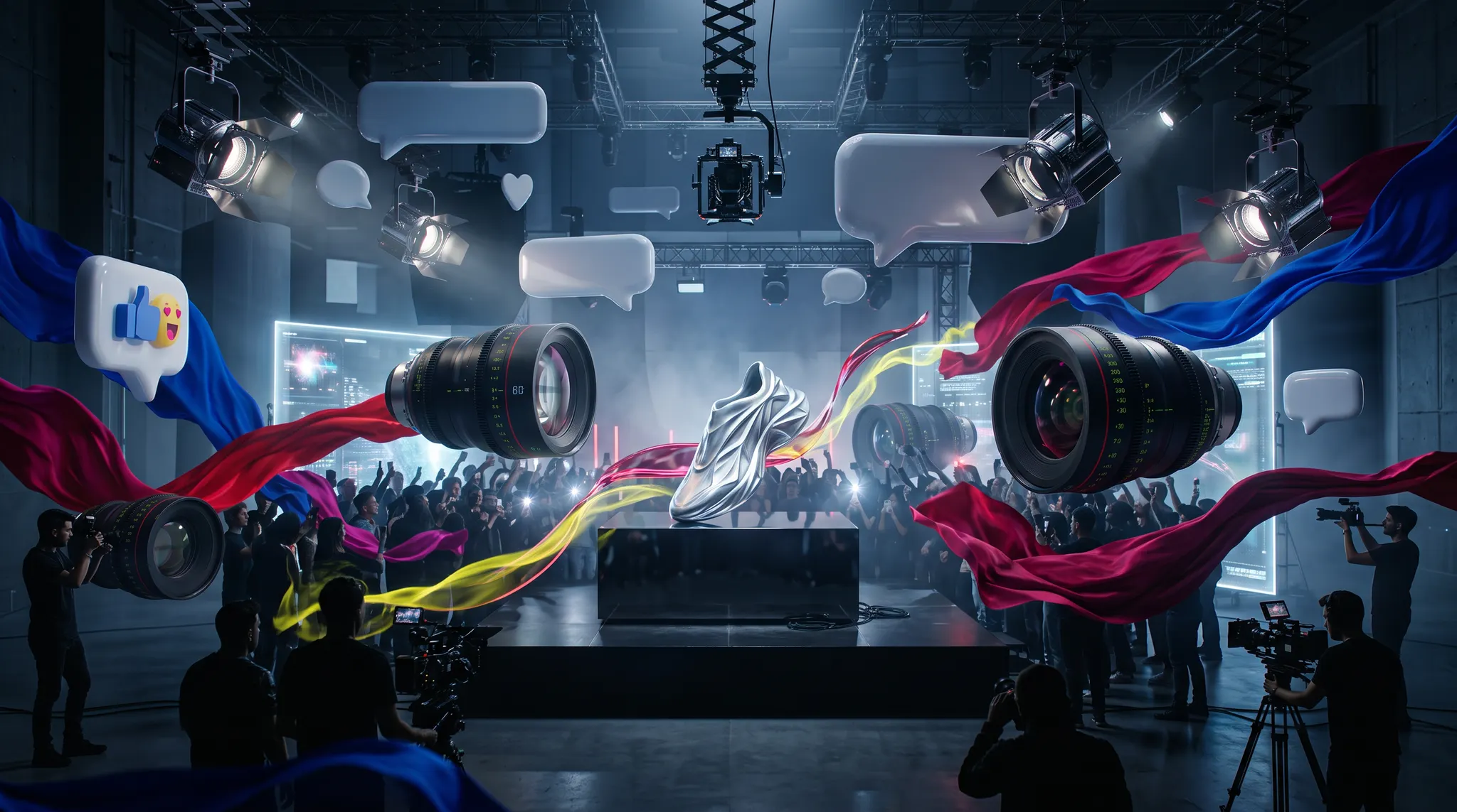 Large-scale creator product launch on a cinematic soundstage