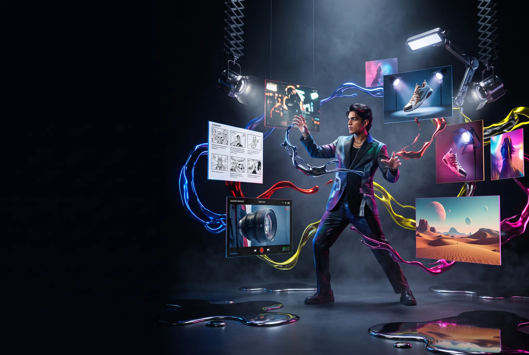 Creative director orchestrating an AI-powered campaign production world