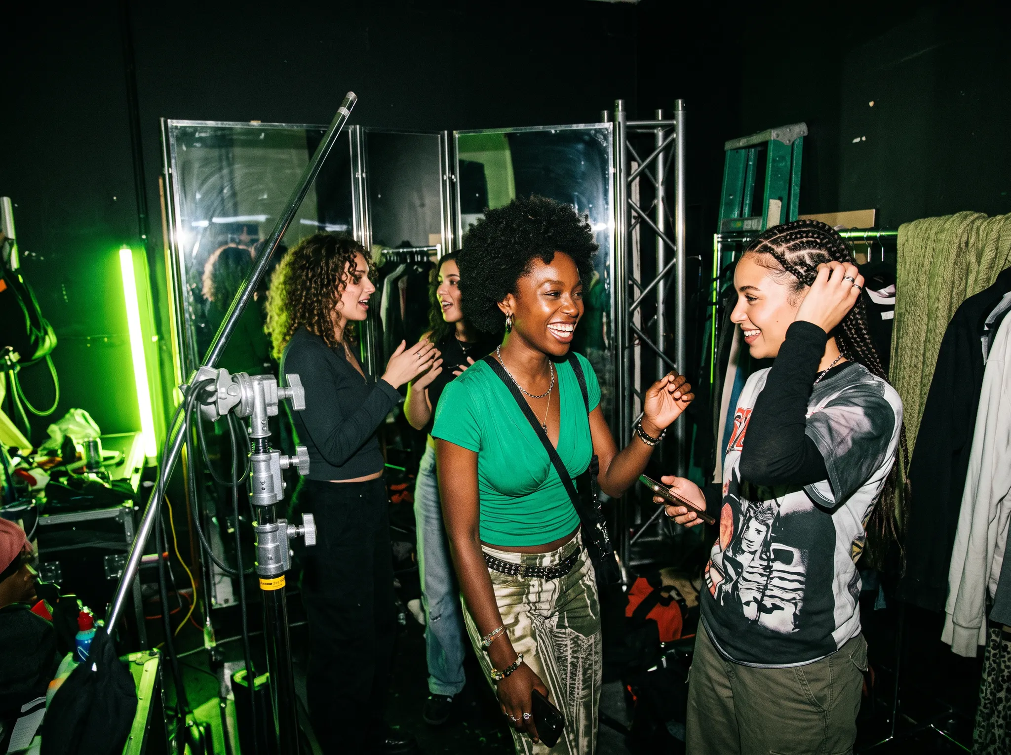 Creators collaborating backstage during a campaign production
