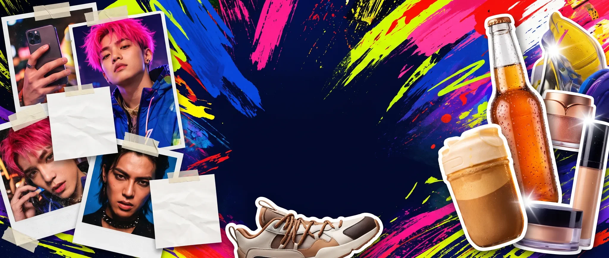 Creator portraits, products and brush textures forming the PINNED COMMENT campaign world