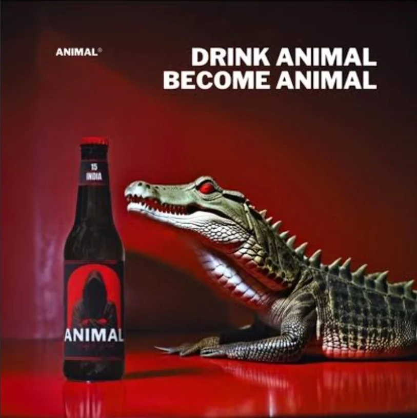 Animal Beer campaign with a bottle and crocodile on a red set