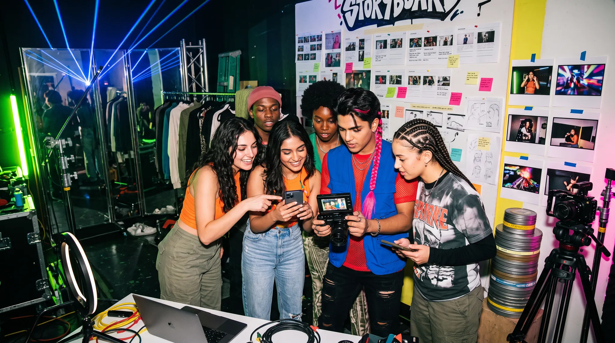 Creator campaign team reviewing a shoot in a storyboard-filled production studio