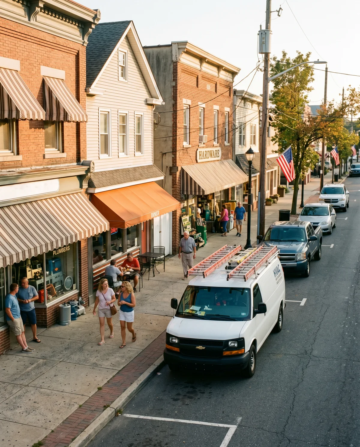 A sunny Jersey Shore main street with local service businesses.