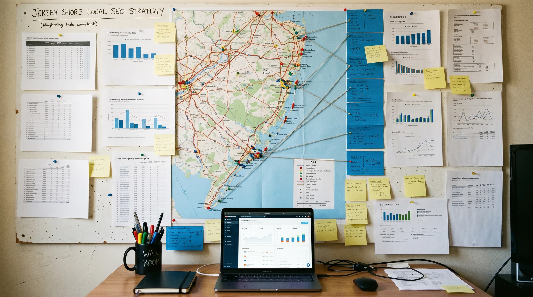 Toms River SEO war-room board: a pinned map of the Jersey Shore with ranking sheets, odds notes and a live dashboard.