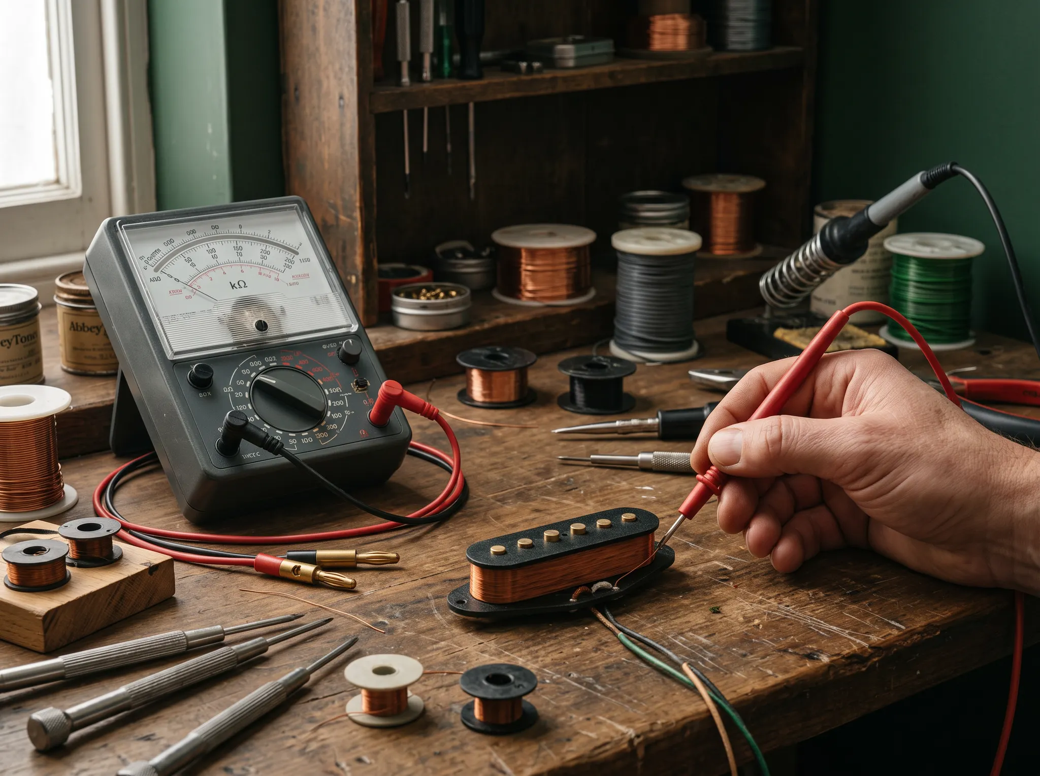A guitar pickup being tested with an analogue meter